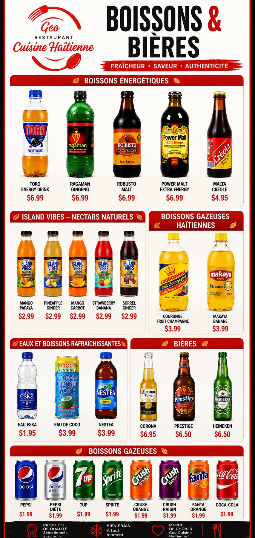 Menu des boissons et bières, Geo Cuisine Haïtienne