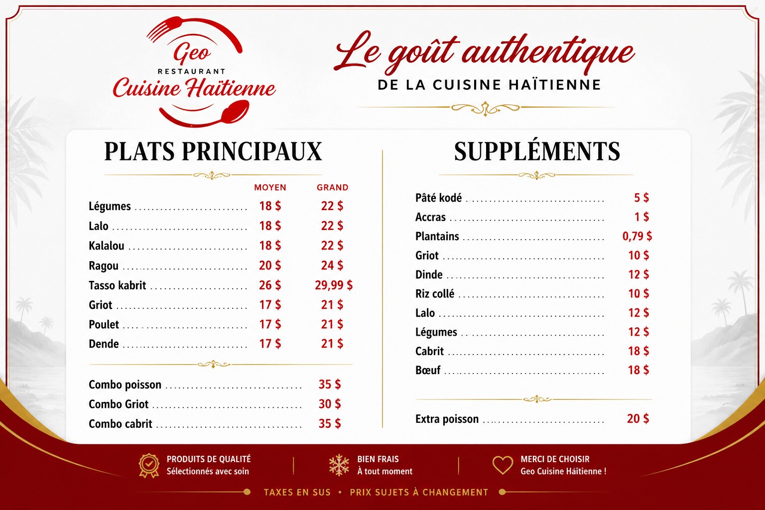 Menu des plats principaux et suppléments, Geo Cuisine Haïtienne